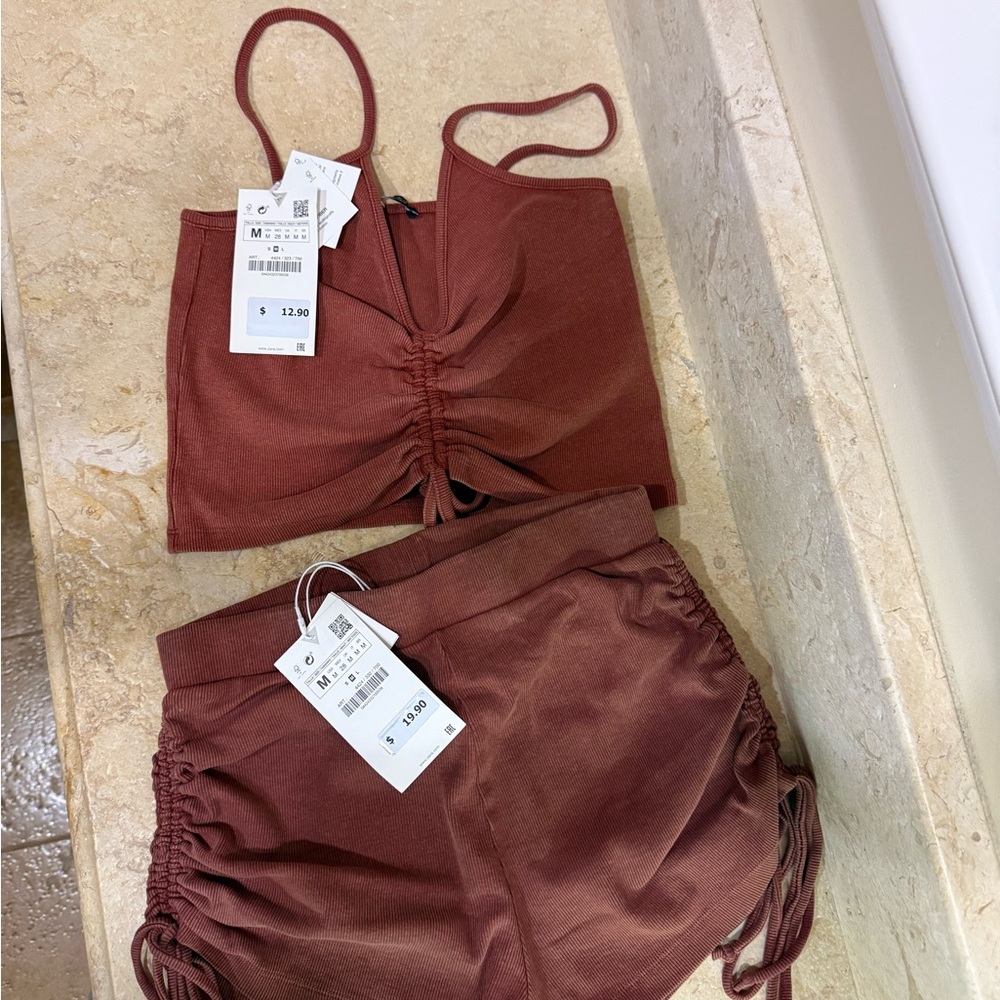 Zara Rust Red Ruched Crop Top and Shorts Set